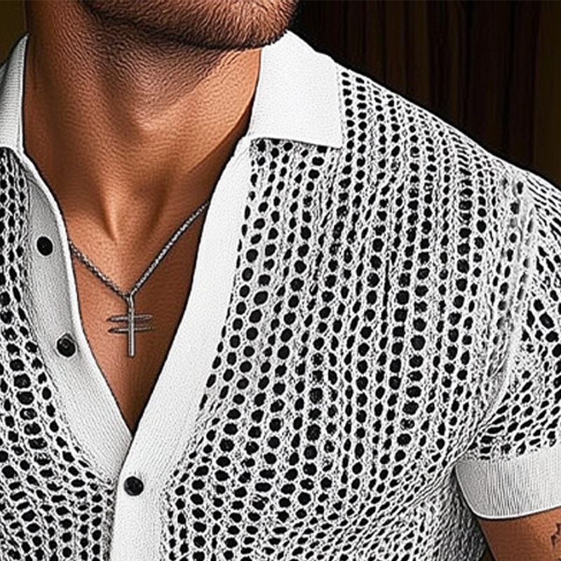 Men's Summer Slim Fit Hole Knit Short Sleeve Shirt MTA2590F3U