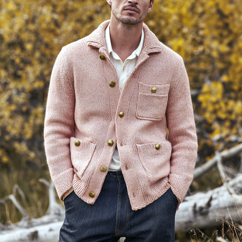 Men's Solid Knit Lapel Multi-pocket Single Breasted Jacket Cardigan MTA0386I5Z