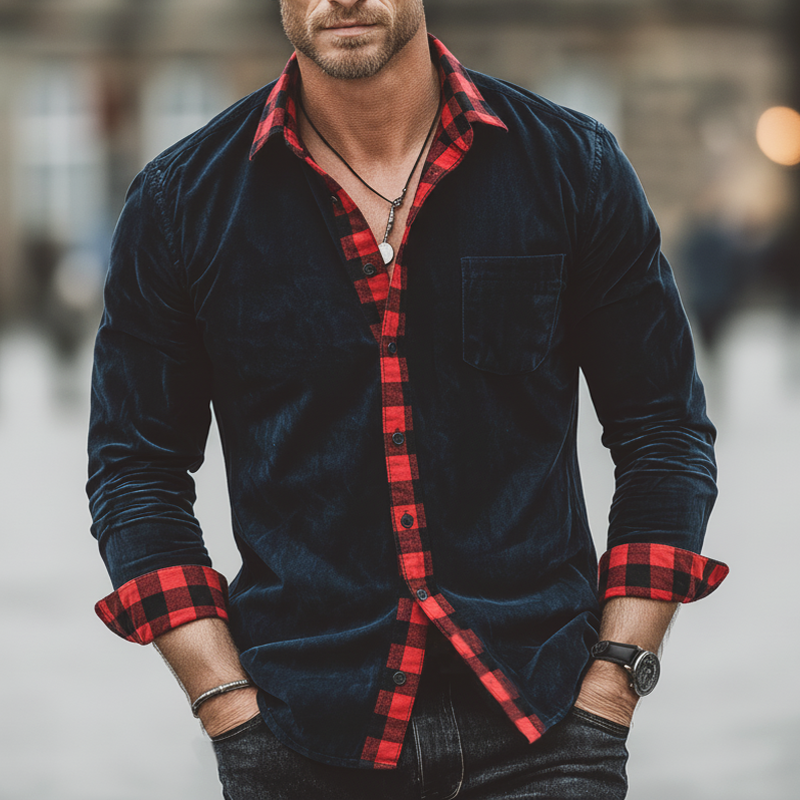 Men's Classic Navy Blue Faux Suede Patchwork Plaid Long-sleeved Shirt MTZ0575A3U