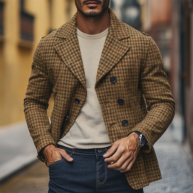 Men's Houndstooth Blend Lapel Double-Breasted Blazer MTA1581J2X