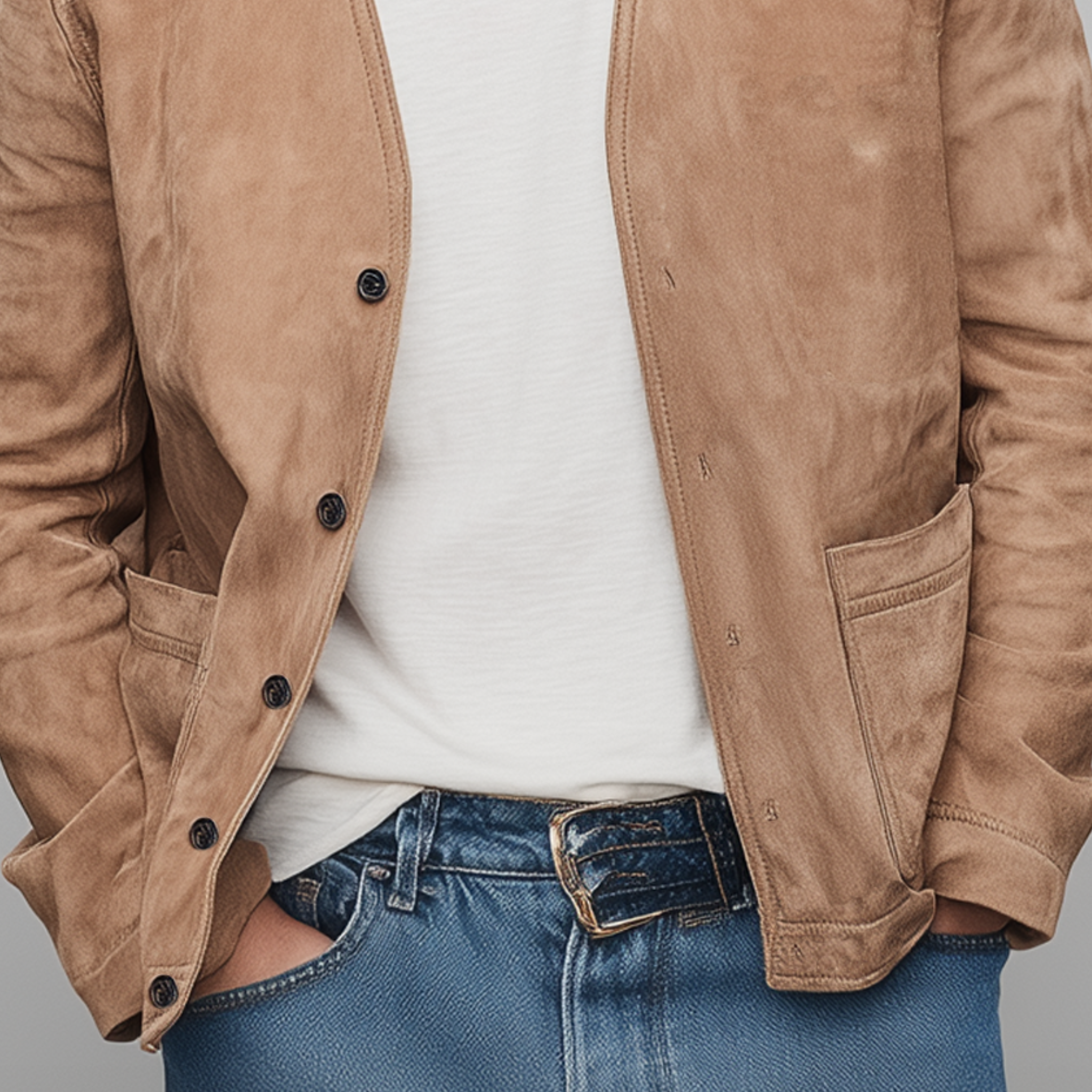 Men's Spring Casual Thin Suede Solid Color Collarless Loose Jacket MTA2275G4K