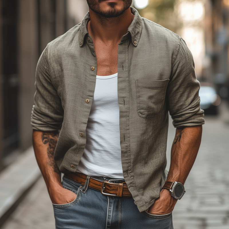 Men's Casual Breathable Linen Lapel Patch Pocket Slim Fit Long Sleeve Shirt MTA0308G0M