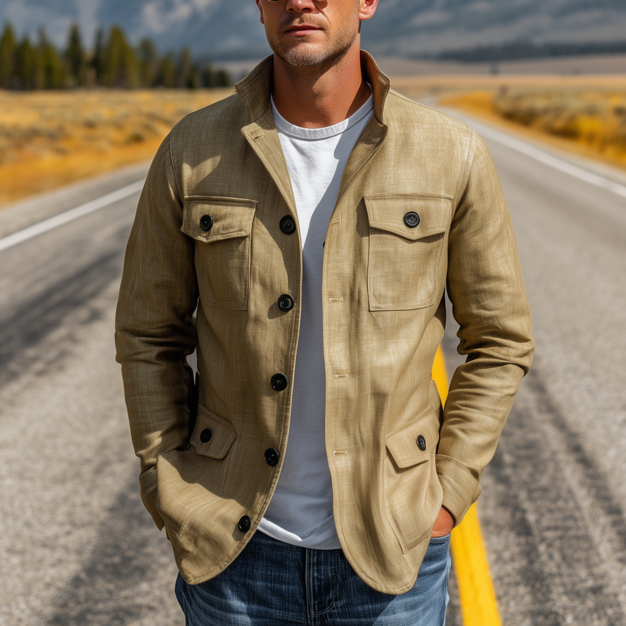 Men's Classic Casual Stand-up Collar Multi-pocket Cotton And Linen Blend Thin Jacket MTA3130G5K
