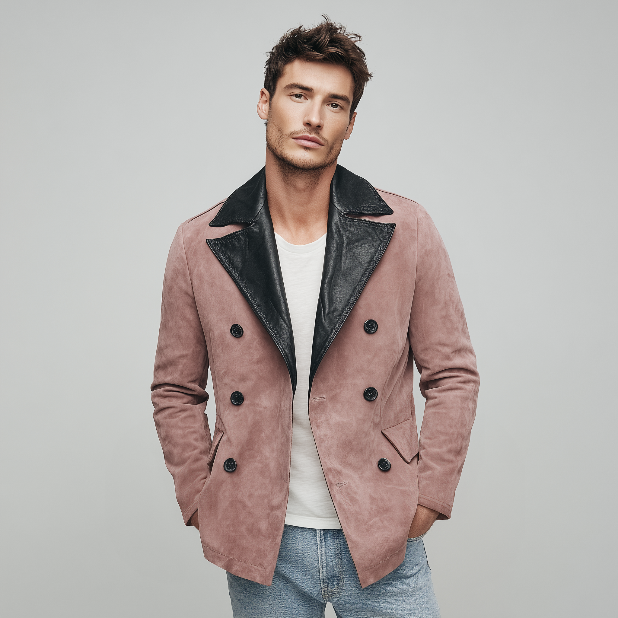 Men's Classic Casual Lapel PU Leather Double-breasted Pink Suede Jacket MTA0266I0K