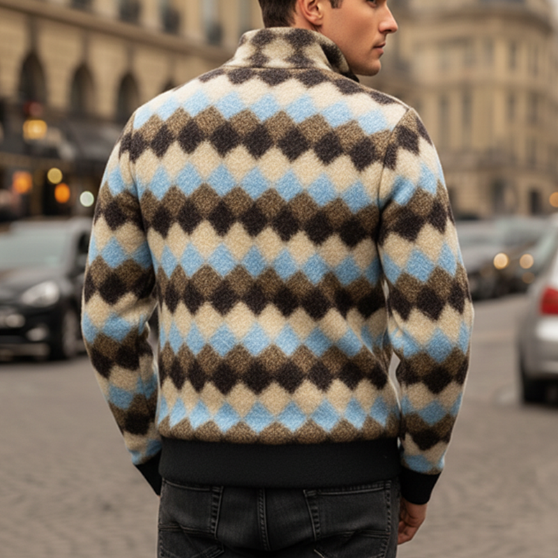 Men's Classic Colorblock Diamond Faux Lambswool Stand Collar Sweatshirt MTA1625J3U