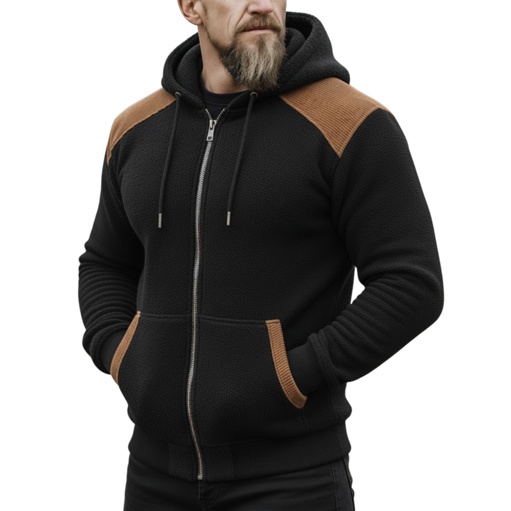 Men's Classic Western Style Corduroy Patchwork Polar Fleece Hooded Zip-up Jacket MTA2219J7K