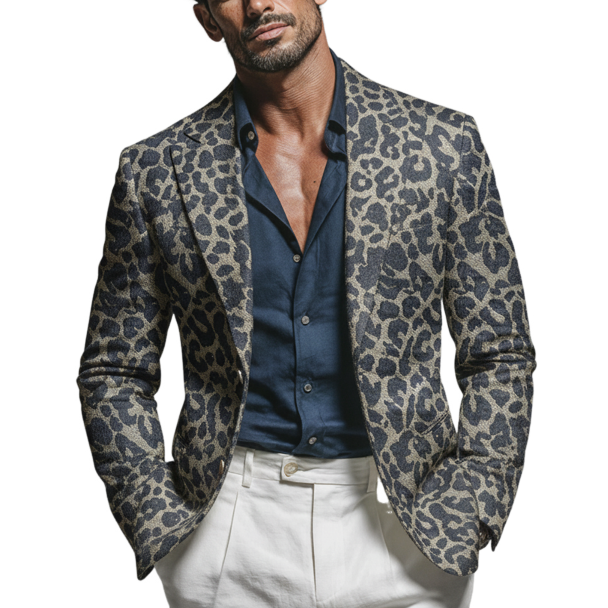 Men's Classic Casual Rugged Denim Jacquard Leopard Print Single-breasted Blazer MTA3051K7K