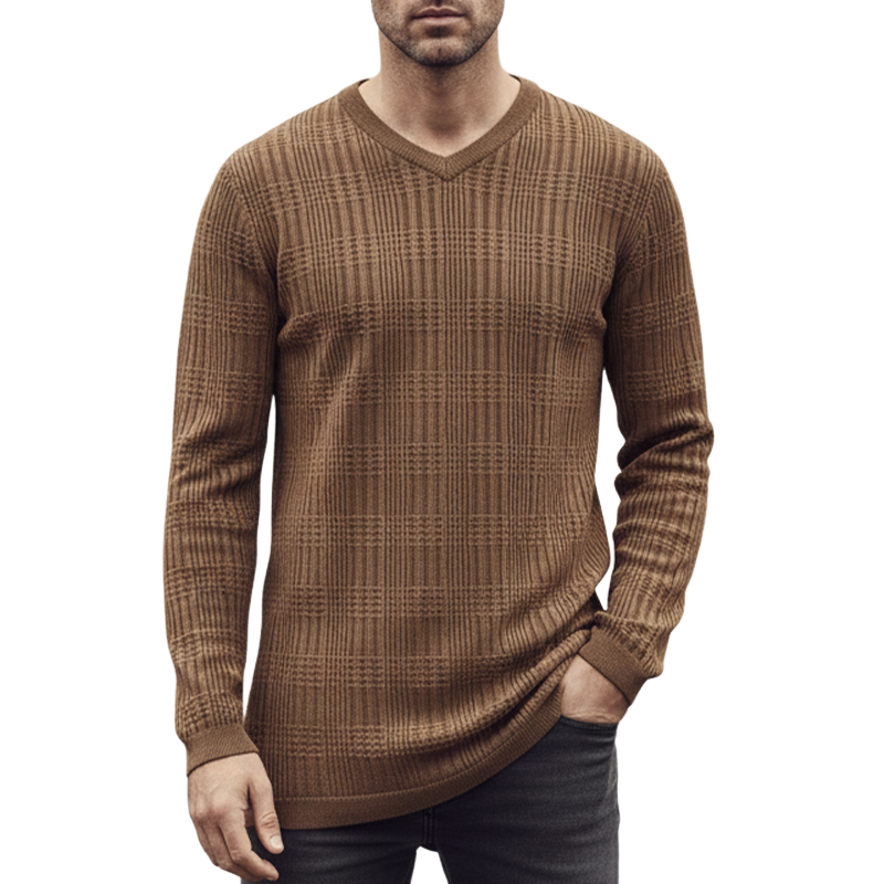 Men's Solid Color Casual Knitted V-neck Long-sleeved T-shirt MTA1004I8X