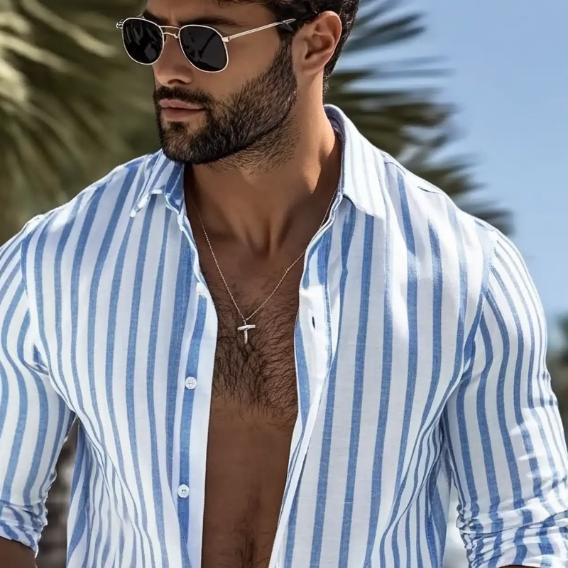 Men's Cotton And Linen Striped Print Long-sleeved Shirt MTA2117G4X