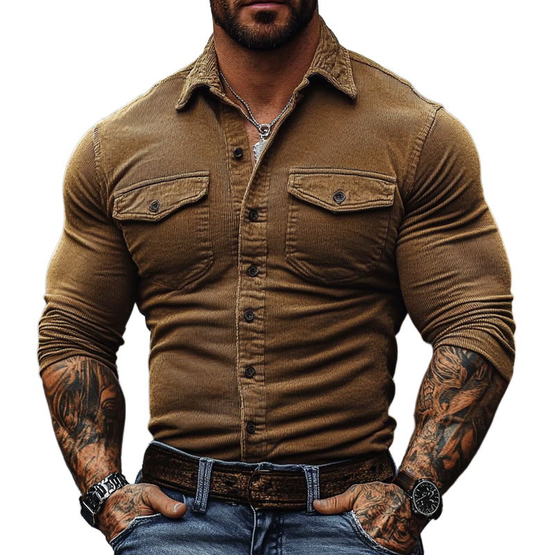 Men's Solid Color Casual Corduroy Retro Lapel Long Sleeve Shirt MTA1135J5X