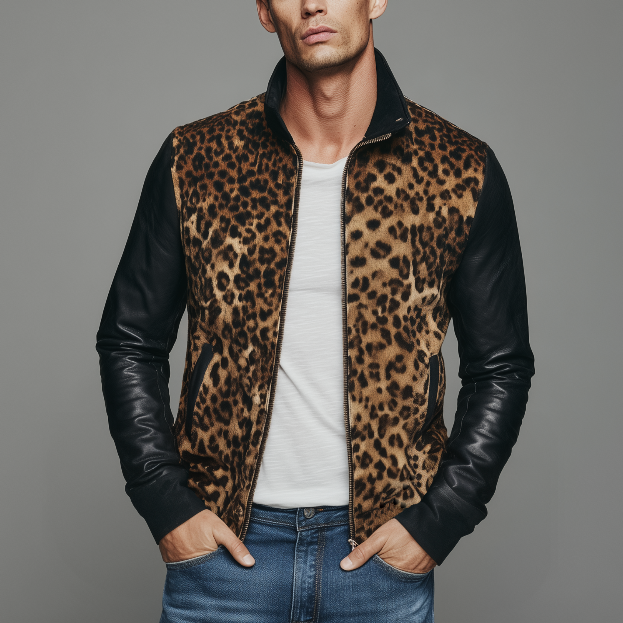 Men's Classic Casual Suede Leopard Print Pu Leather Stand Collar Slim Fit Jacket MTA0611H4K