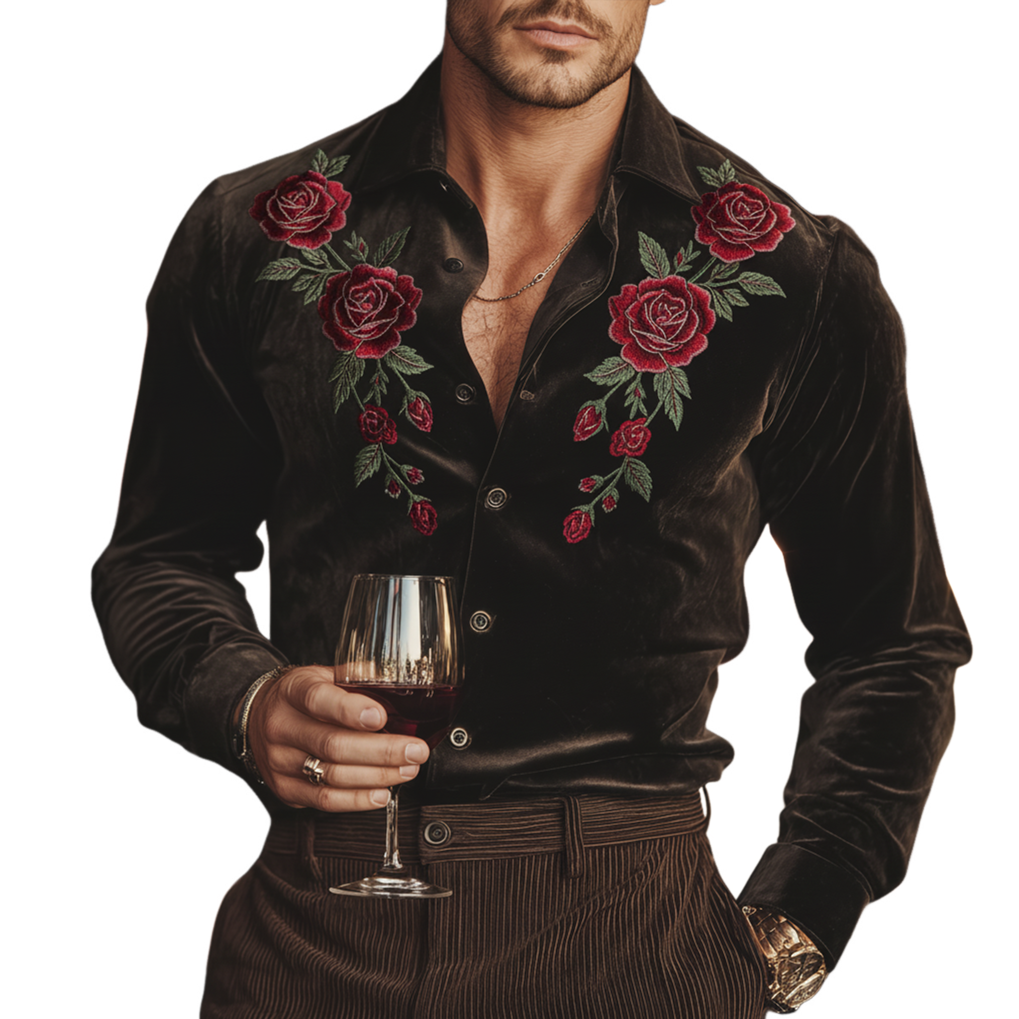 Men's Classic Vintage Rose Embroidery Faux Velvet Long-sleeved Shirt MTA0549L8K