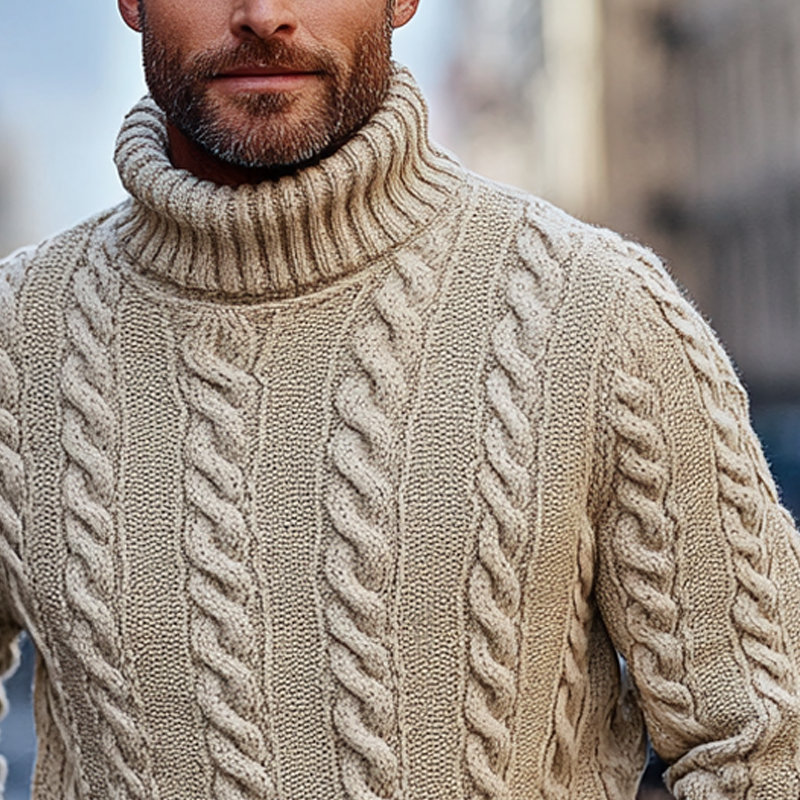 Men's Solid Color Casual Cable-knit Turtleneck Pullover Sweater MTA0437I9X
