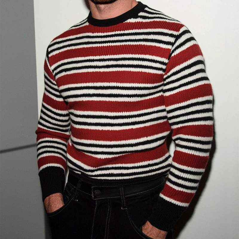 Men's Retro Casual Striped Knit Color Block Crew Neck Sweater MTZ0554A8TO