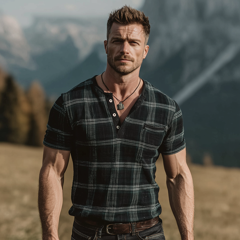 Men's Retro Casual Plaid Print Henley Short Sleeve T-Shirt MTA1061G8TO