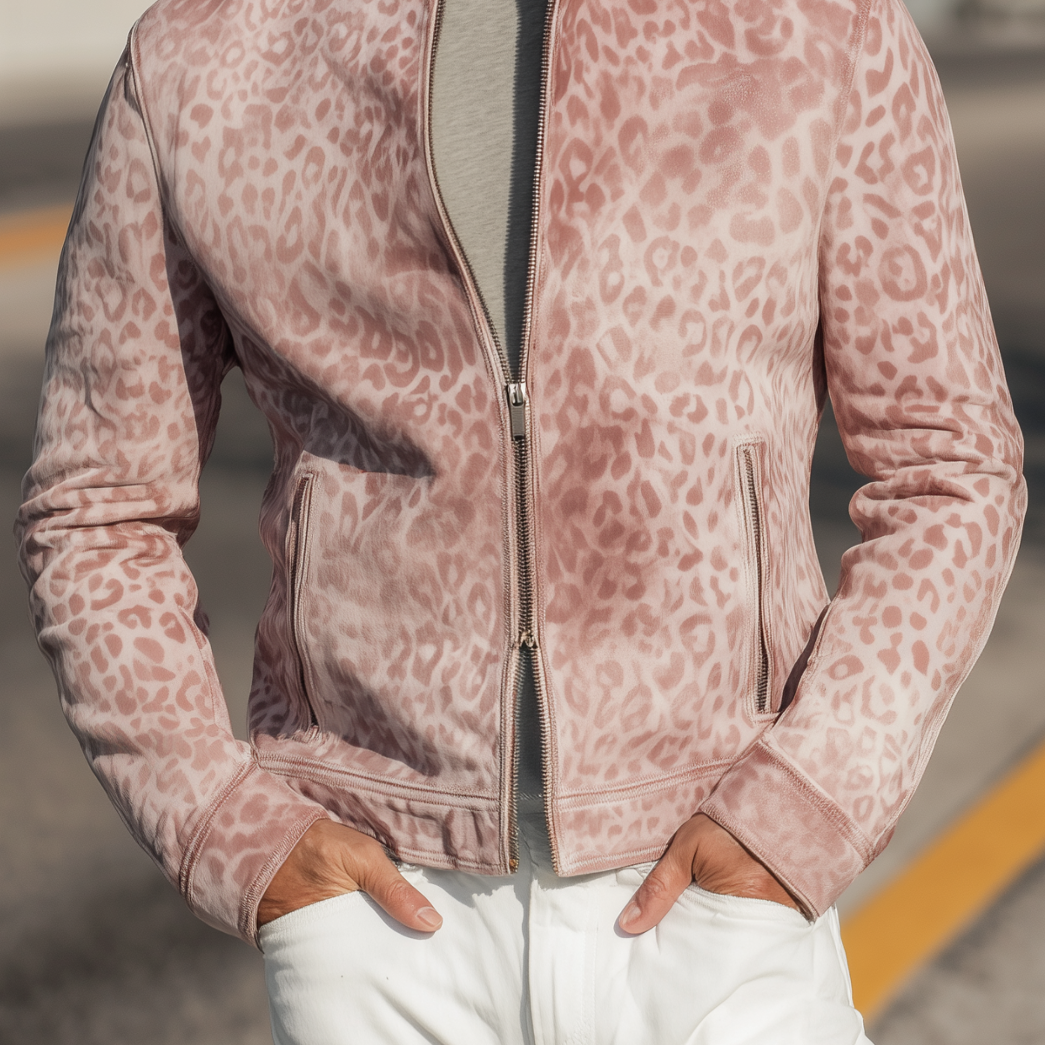 Men's Fashion Casual Pink Leopard Print Suede Stand Collar Zipper Jacket MTA1314H0K