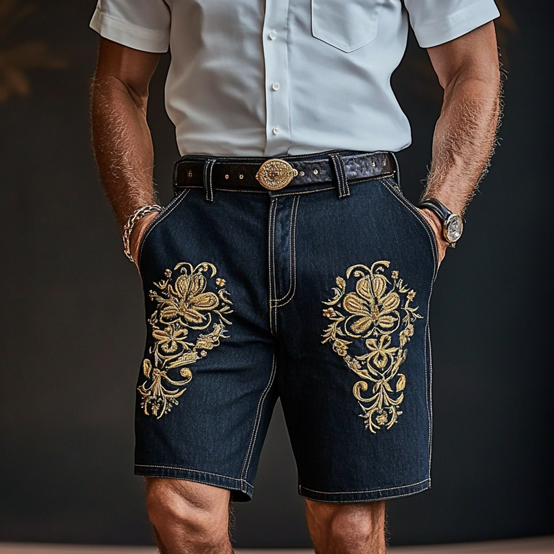 Men'S Fashion Retro Embroidered Straight Denim Shorts MTA0940E1Z