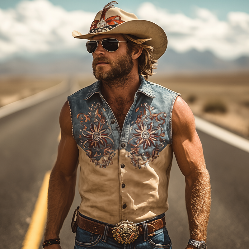 Men's Summer Fashion Retro Western Cowboy Style Denim Stitching Suede Embroidery Sleeveless Shirt MTA2859D1K