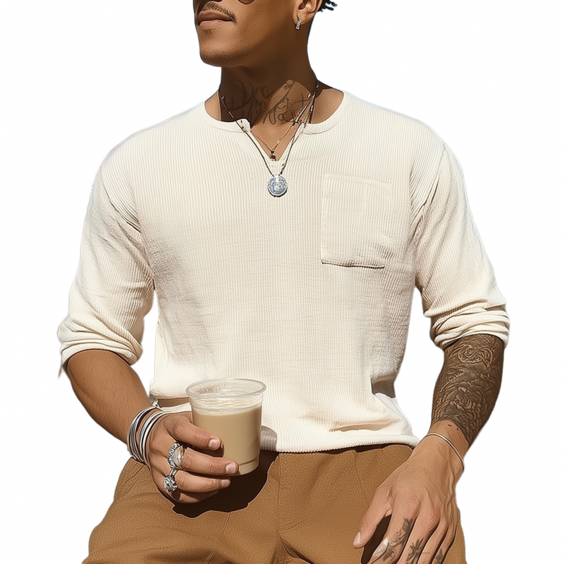 Men's Casual Cotton Blend Solid Color Ribbed V-Neck Slim Fit Long Sleeve T-Shirt MTA1525G5M