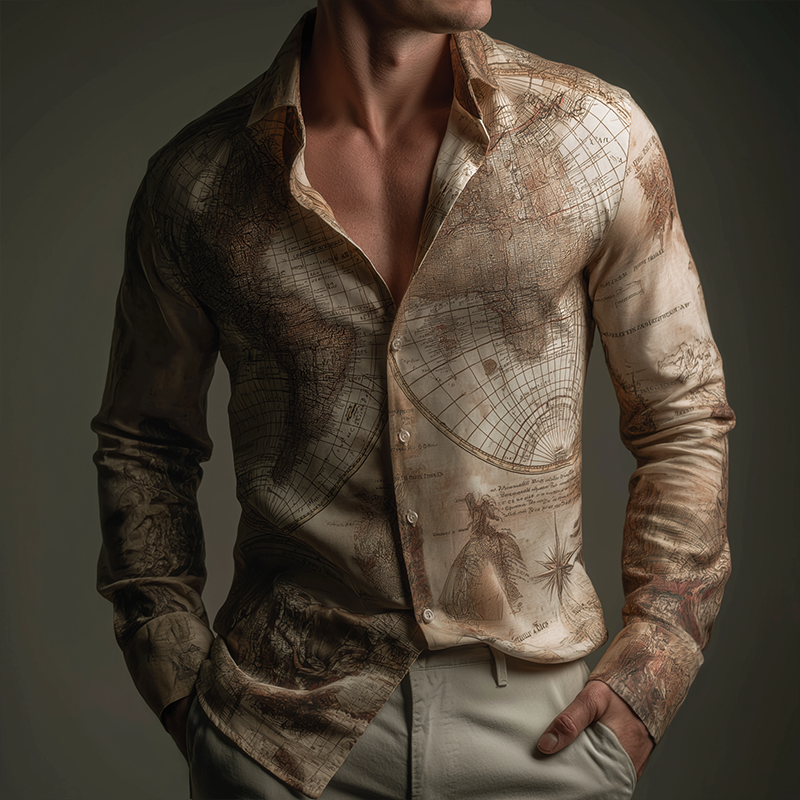 Men's Retro Casual Nautical Map Print Lapel Long Sleeve Shirt MTA3158G8TO