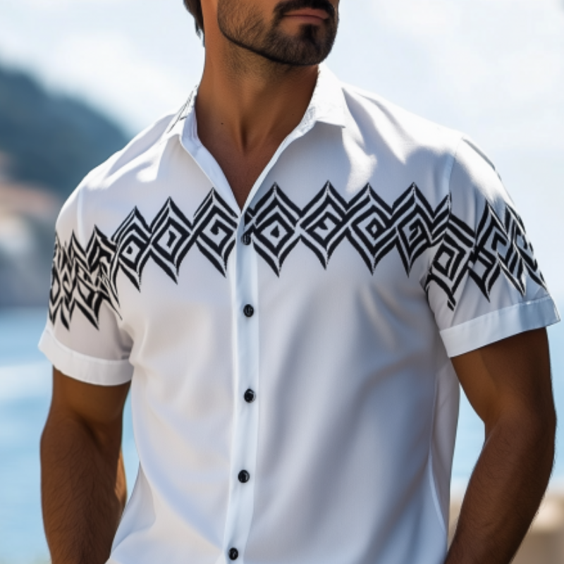 Men's Fashion Spring Summer Casual Retro Printed Short Sleeve Shirt 42219382K