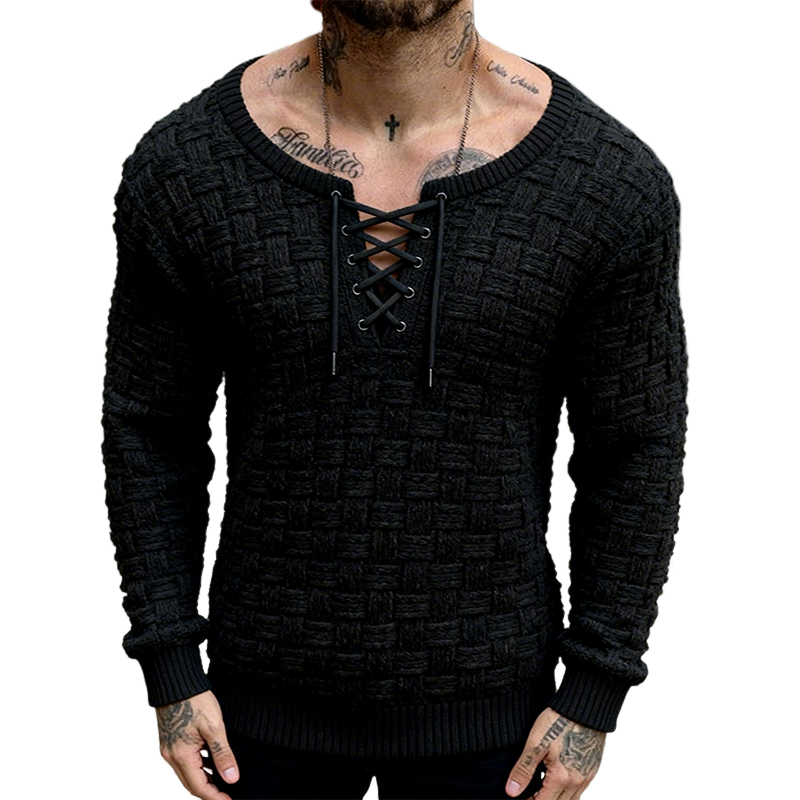 Men's Retro Casual Knitted Drawstring Crew Neck Pullover Sweater MTA1577J1TO