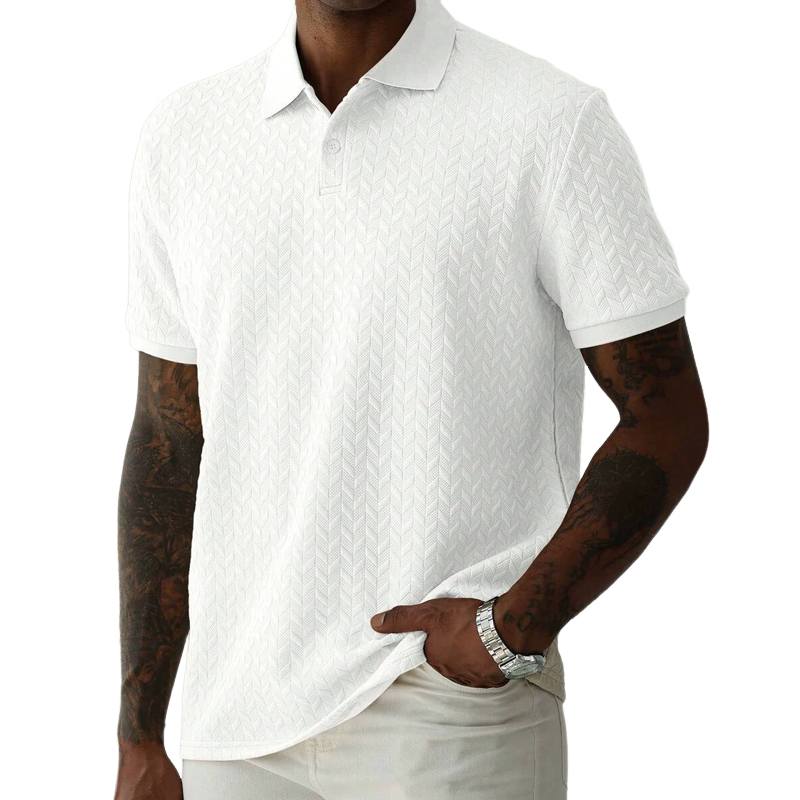 Men's Solid Textured Lapel Short Sleeve Polo Shirt 70610540Z