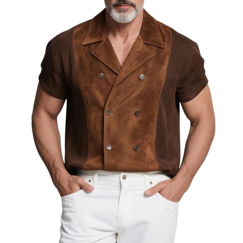 Men's Colorblock Faux Suede Lapel Short Sleeve Jacket MTA2802G2Z
