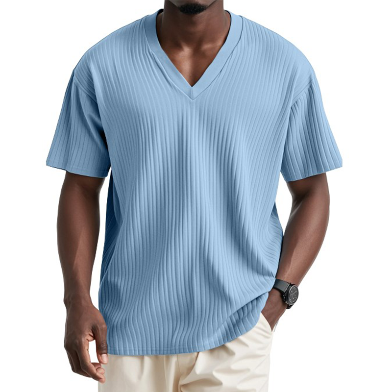 Men's Solid Color Striped Cotton And Linen Short-Sleeved T-Shirt MTA3014G8P