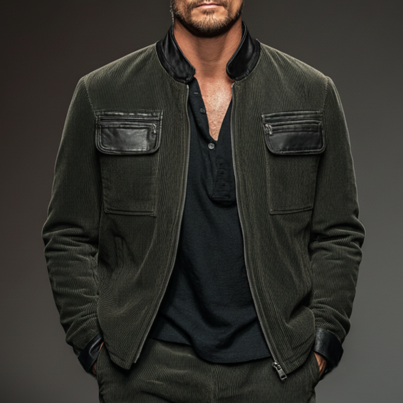 Men's Vintage Corduroy And PU Leather Patchwork Zipper Jacket MTA2268J8U