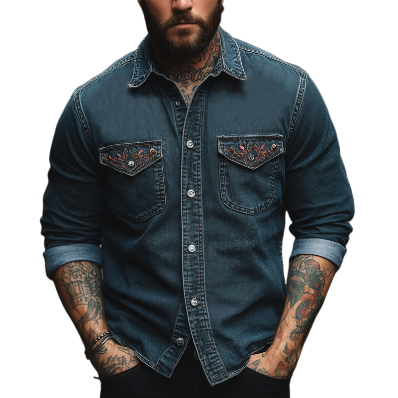 Men's Vintage Blue Embroidered Washed Denim Long Sleeve Shirt 85620161U