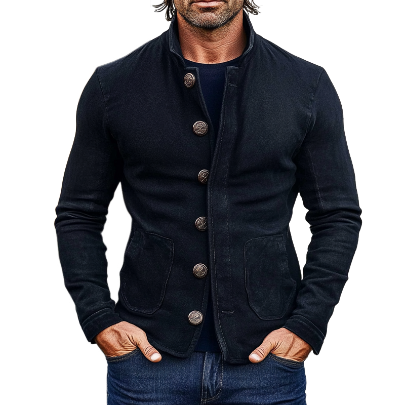 Men's Vintage Solid Color Washed Cotton Stand Collar Single Breasted Jacket MTA2919H2X