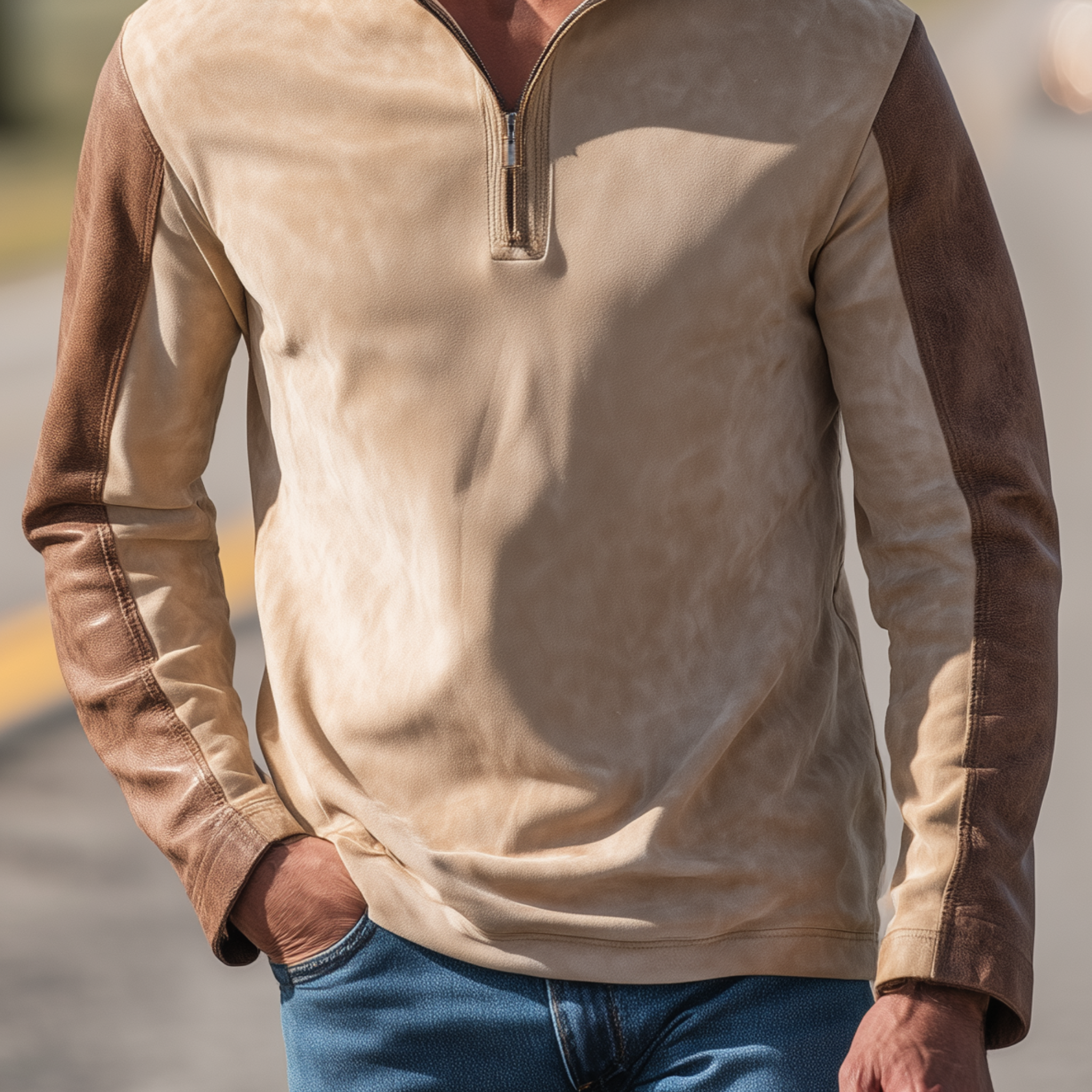 Men's Classic Retro Western Style Sleeves Stitching PU Leather Stand Collar Suede Long-sleeved T-shirt MTA1907H4K