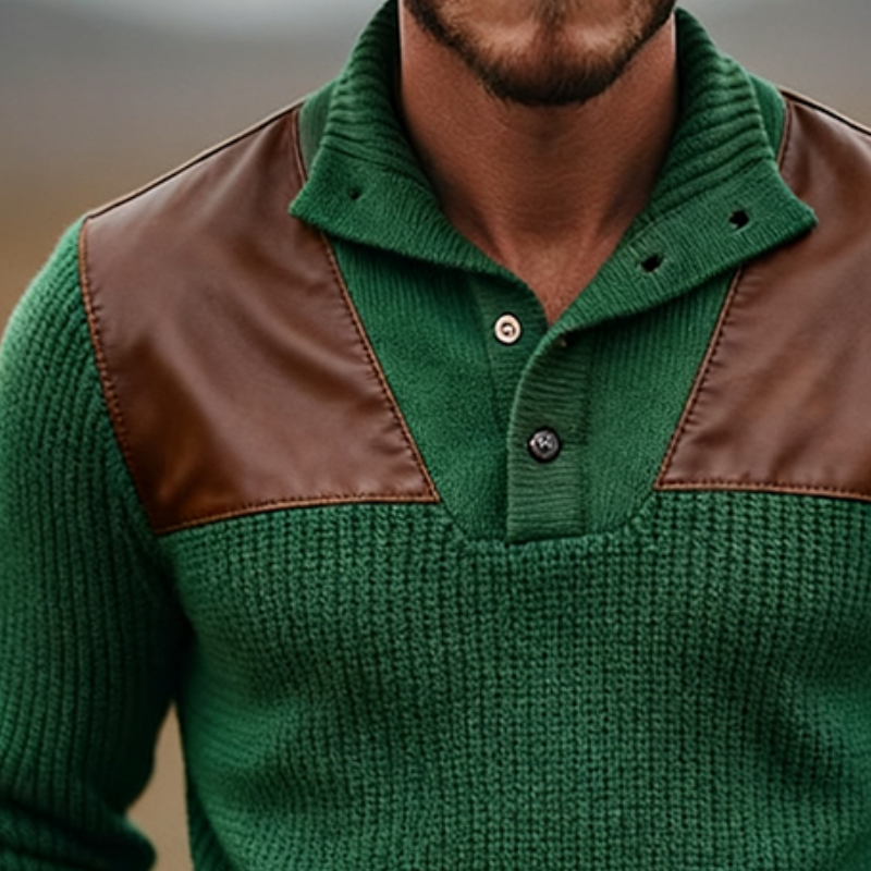 Men's Retro Casual Faux Leather Stitching Knitted Lapel Pullover Sweater MTA2451J4TO