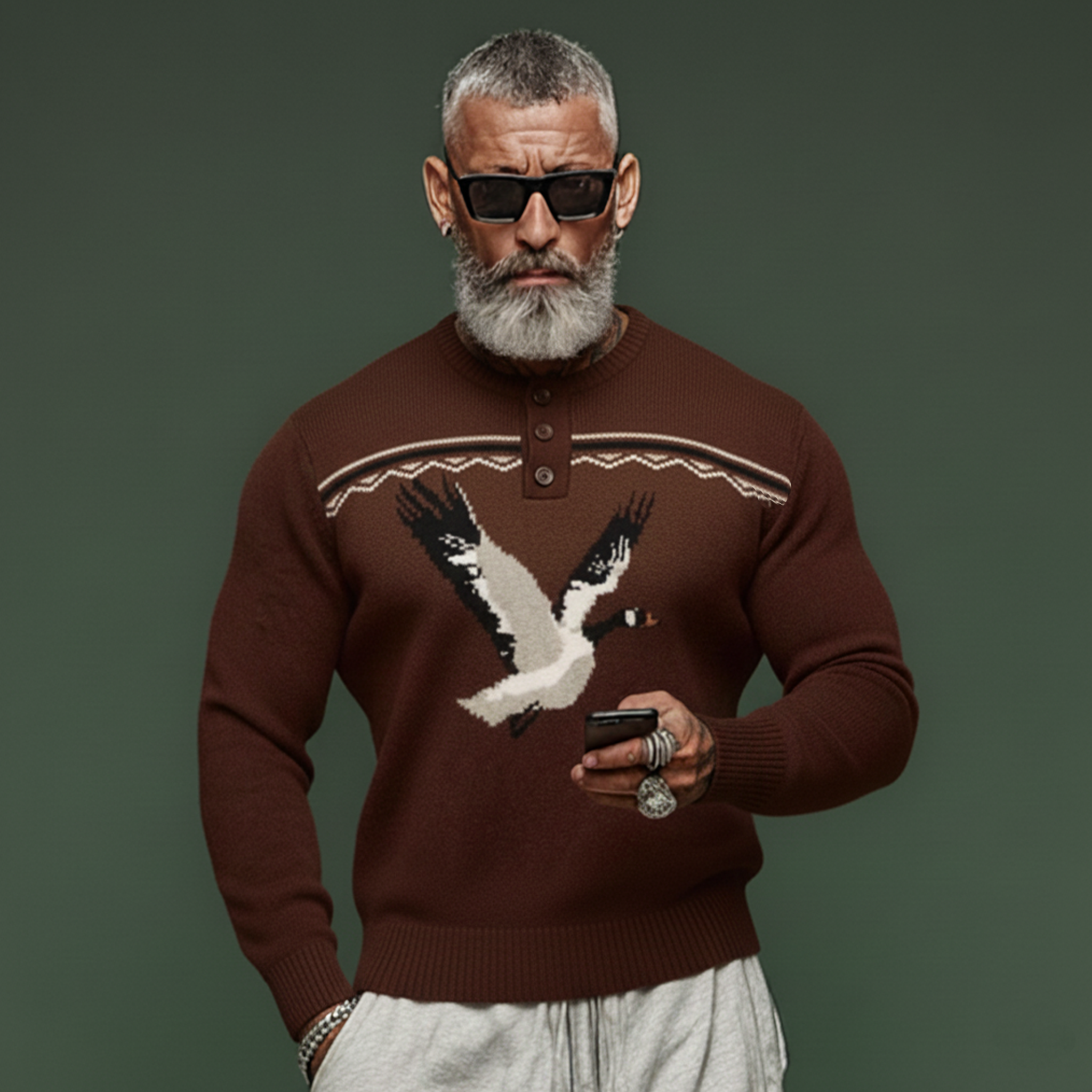 Men's Classic Old-money Style Henley Collar White Eagle Jacquard Sweater MTA0688K5K