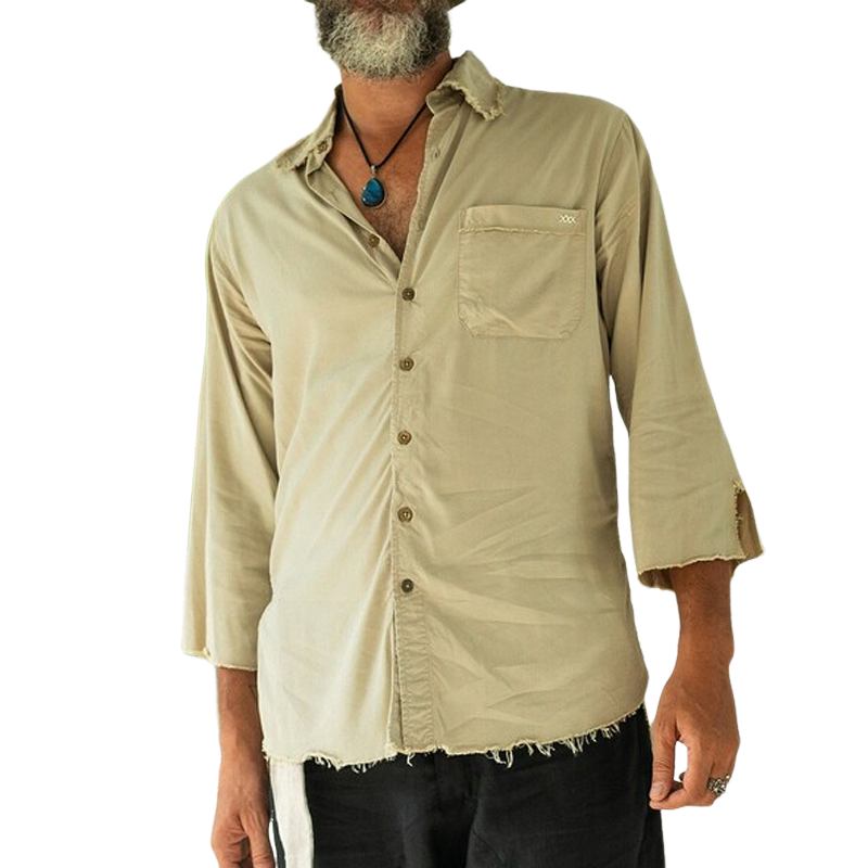 Men's Solid Rough Edge Lapel Long Sleeve Shirt MTA2370D7Z