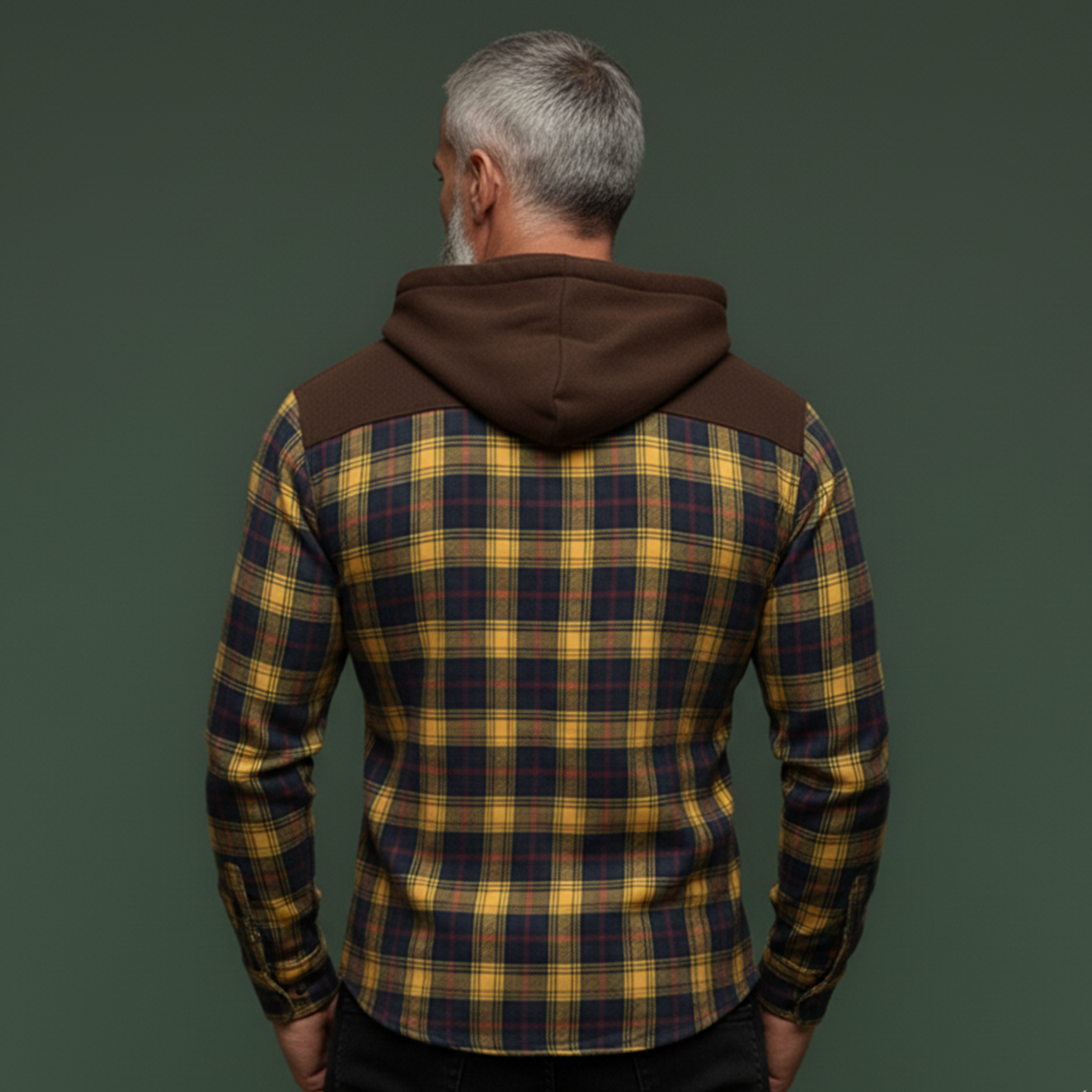 Men's Classic Casual Rugged Style Patchwork Faux Suede Hooded Plaid Brushed Long-sleeved Shirt MTA1365K0K