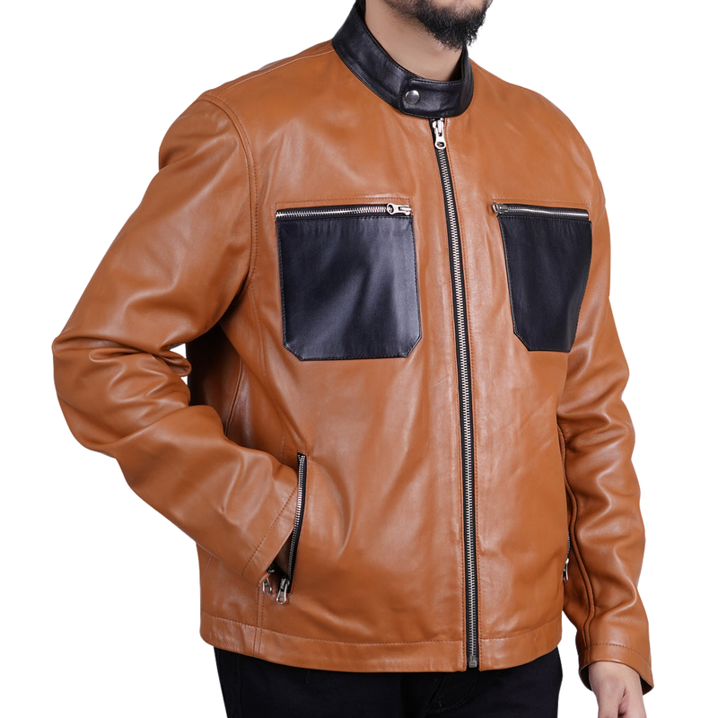 Men's Casual Multi-Pocket Stand Collar Zipper Leather Jacket 30773656F