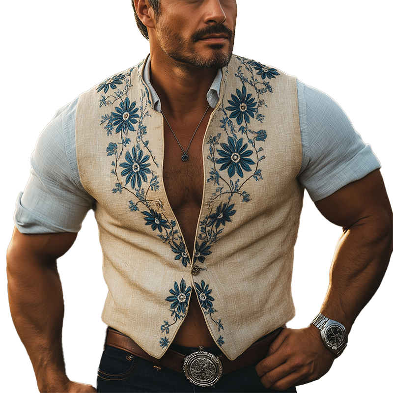Men's Summer Fashion Embroidered Linen Blend Sleeveless Vest MTA3029F9P