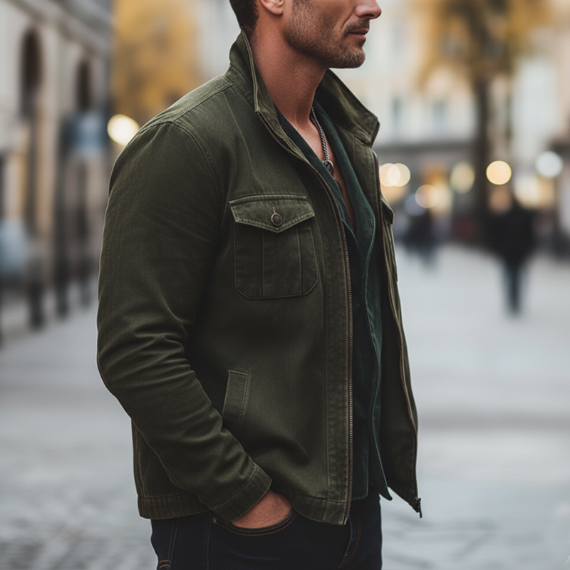 Men's Urban Army Green Faux Suede Stand Collar Zip-Up Jacket MTA2383L9U