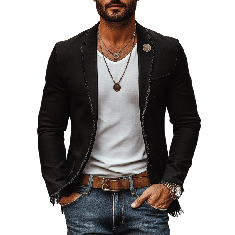 Men's Casual Linen Notch Lapel Single-breasted Patch Pocket Tassel Trim Slim-fit Blazer MTA2159E2M