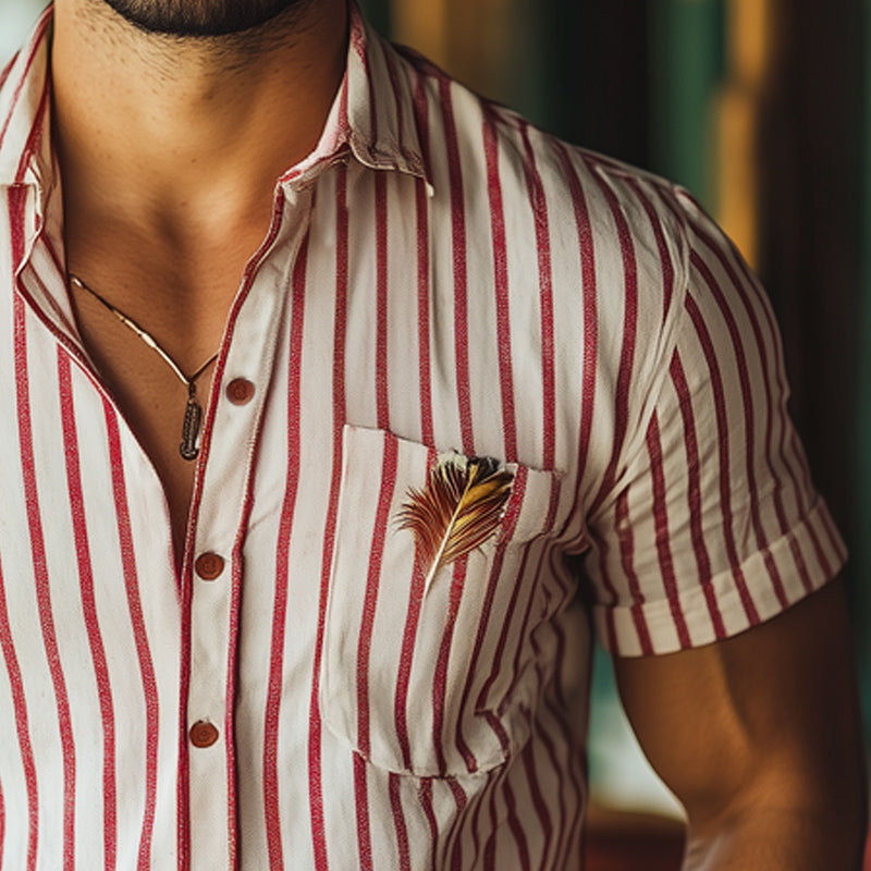 Men's Red Vertical Stripe Embroidered Short Sleeve Shirt MTA1045E5U