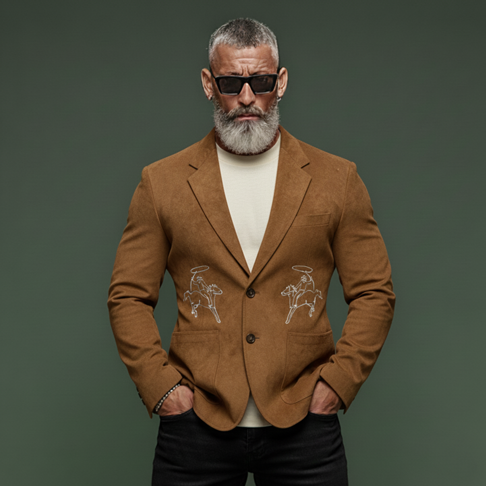 Men's Classic Retro Embroidered Faux Suede Slim-fit Blazer MTA1098K0K