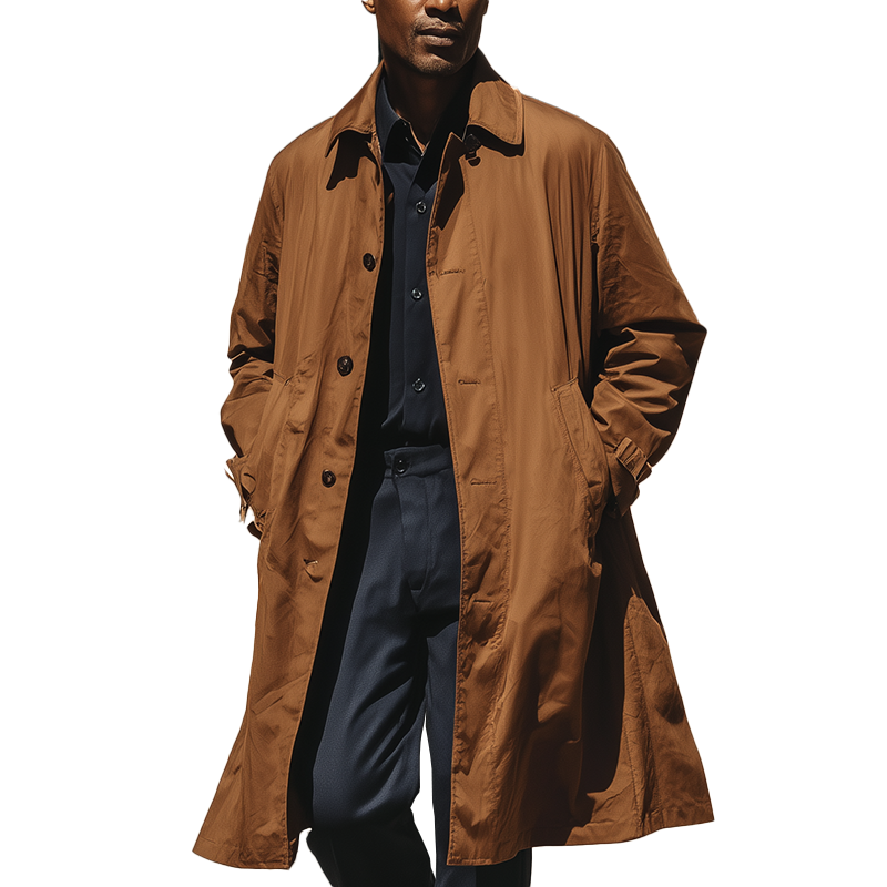 Men's Vintage Washed Solid Color Long Trench Jacket MTA1275H4P