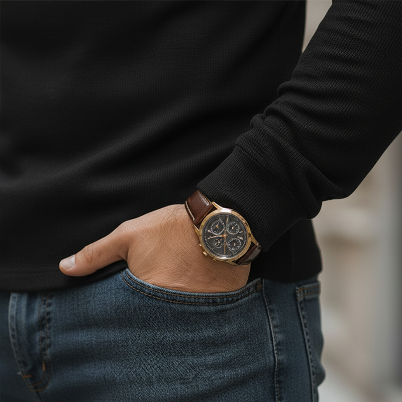 Men's Vintage-style PU Faux Leather Trimmed Long-sleeved Knitted Henley Shirt MTA2574L4P