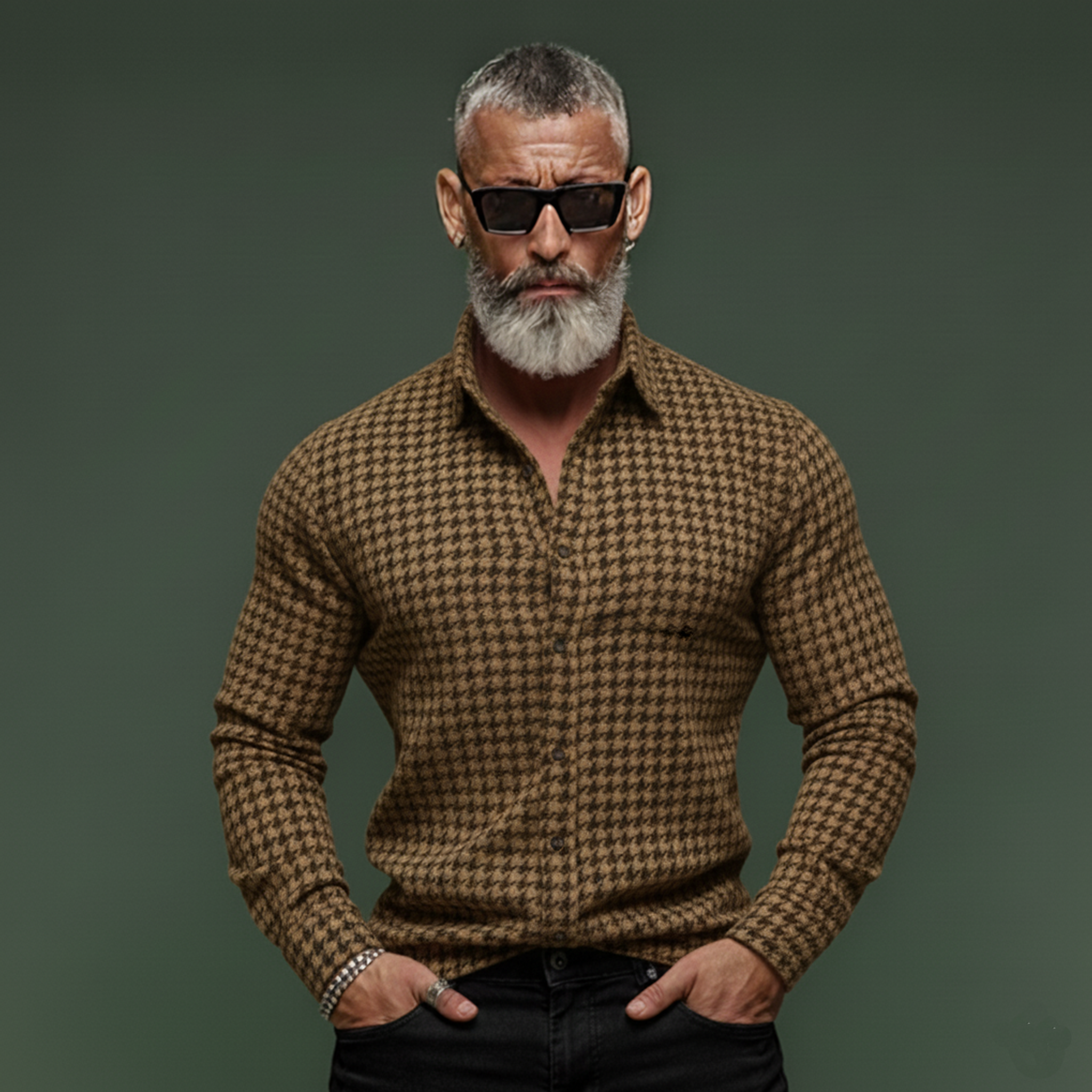 Men's Classic Casual Houndstooth Wool Long-sleeved Shirt MTA2818K9K