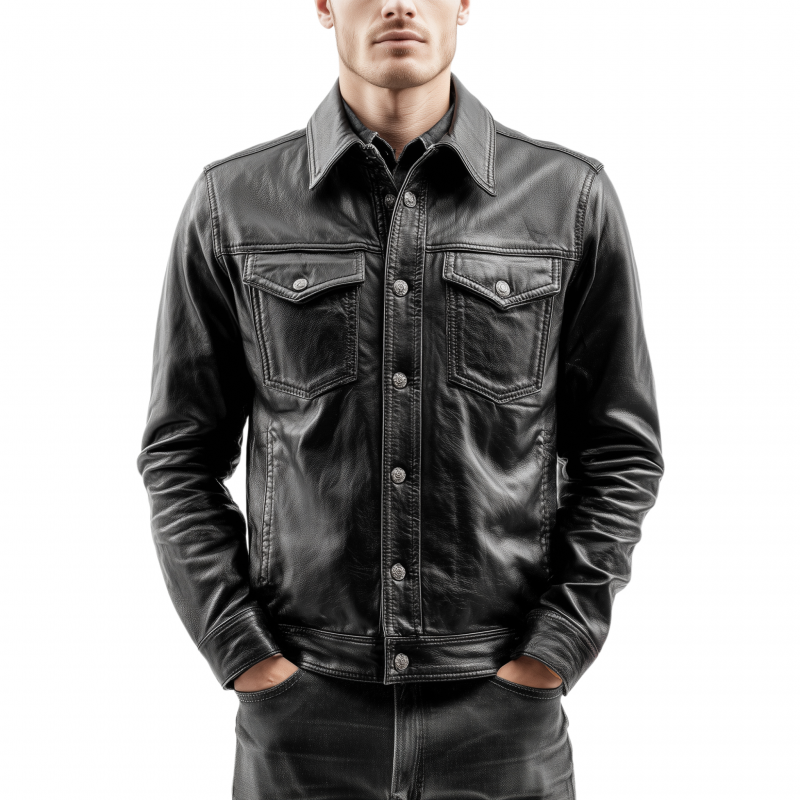 Men's Vintage Solid Color PU Lapel Single Breasted Multi-Pocket Slim Fit Motorcycle Jacket MTA2305G9M