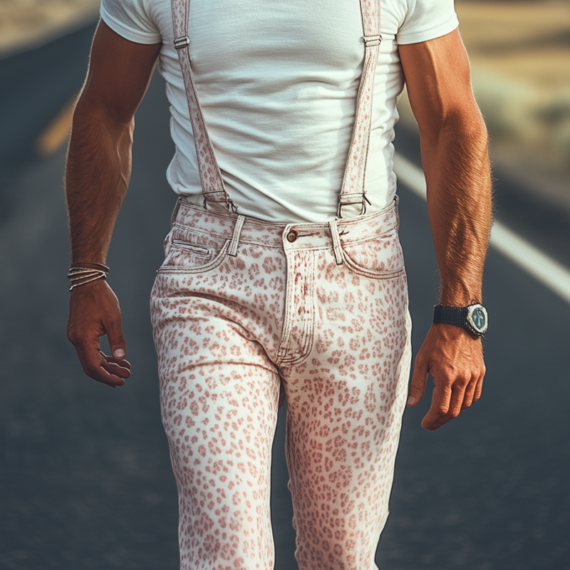 Men's Spring And Summer Fashion Personality Retro Western Cowboy Style Washed Denim Pink Leopard Print Overalls (detachable Straps) MTA1301E0K