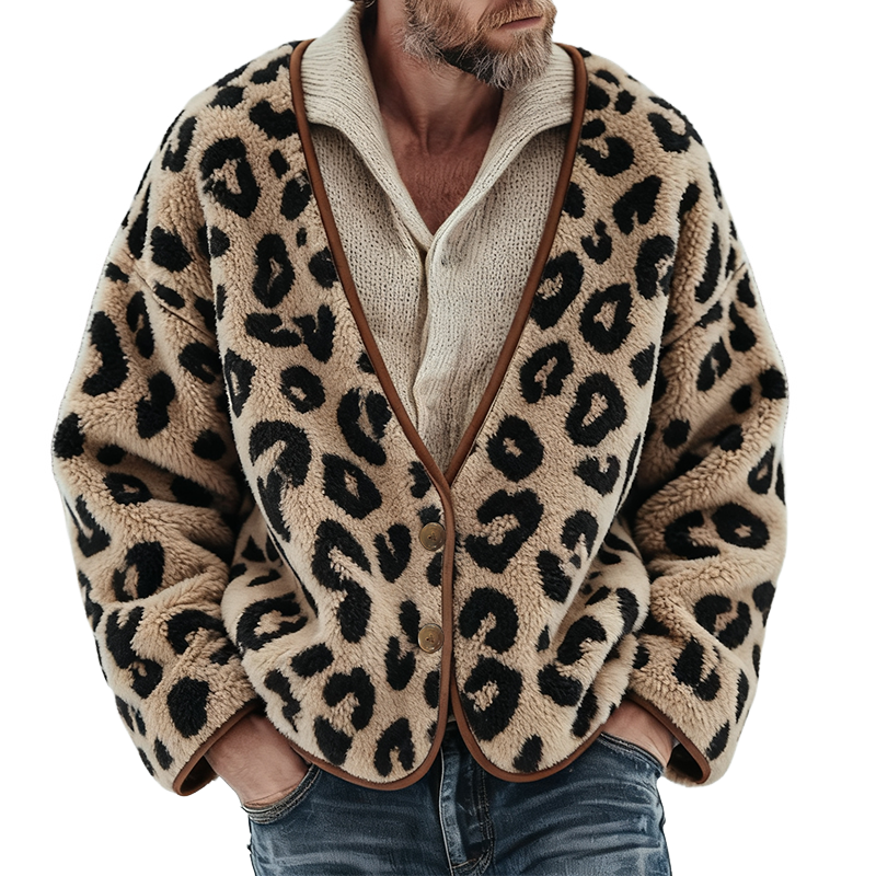 Men's Vintage Casual Leopard Fleece Button-Down Collarless Jacket MTA1680J0TO