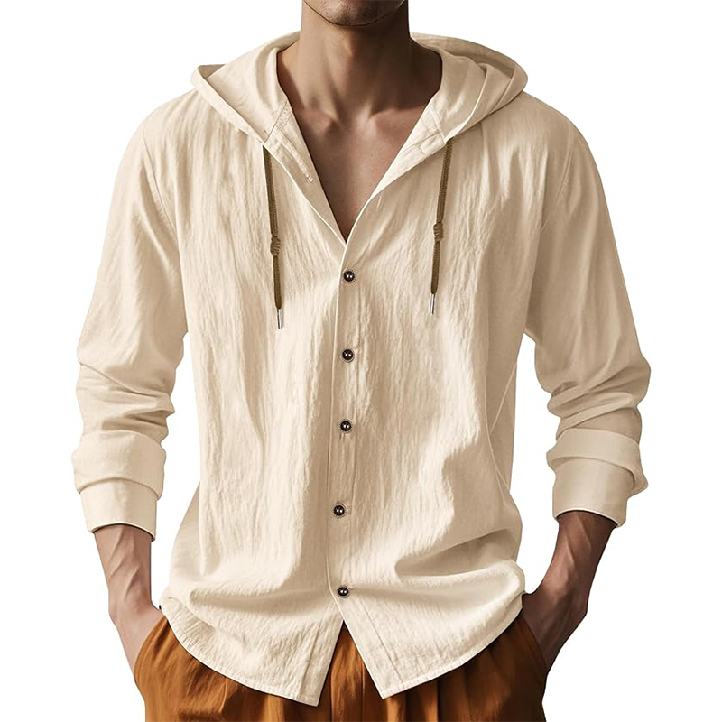 Men's Solid Color Cotton And Linen Long-Sleeved Hooded Shirt MTA2855G9P